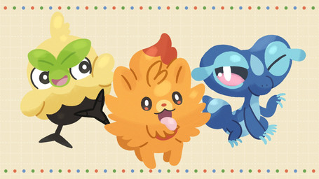 ambiguous_gender beak blue_body feathers feral fur green_body green_feathers group looking_at_viewer one_eye_closed open_beak open_mouth orange_body orange_fur purple_eyes simple_background tail tongue tongue_out trio ririkodraw nintendo pokemon pokemon_winds_and_waves avian bird browt canid canine gecqua generation_10_pokemon lizard mammal pokemon_(species) pombon reptile scalie 16:9 2026 hi_res widescreen