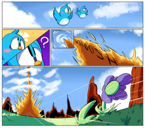 ambiguous_gender cloud duo feral fire flickies flower grass_field group landscape mountain onomatopoeia plant question_mark sound_effects text wind plainsight sega sonic_the_hedgehog_(series) avian bird flicky absurd_res comic hi_res