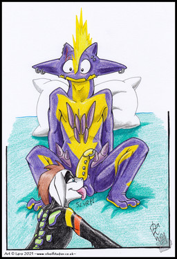 anthro ball_lick balls bed_sheet bedding black_body black_border blue_eyes border brown_hair countershade_face countershade_feet countershade_genitalia countershade_neck countershade_torso countershading duo ear_piercing ear_ring eyebrow_piercing facial_piercing feet female frenum_ladder frenum_piercing genital_piercing genitals glans_piercing hair humanoid_genitalia humanoid_penis ladder_piercing licking male male/female markings mohawk multicolored_body oral penis penis_piercing piercing purple_body ring_piercing sex shocked spread_legs spreading text tongue tongue_out wide_eyed yellow_penis silvolf nintendo pokemon amped_toxtricity generation_8_pokemon pokemon_(species) reptile scalie toxtricity 2021 colored_pencil_(artwork) dated hi_res signature traditional_media_(artwork) url
