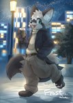 anthro beverage black_ears blue_eyes city city_background clothing dipstick_tail hand_in_pocket holding_beverage holding_object inner_ear_fluff male markings night plant pockets raised_leg sky solo star starry_sky street_lamp tail tail_markings tree tuft white_inner_ear_fluff makotoo frost_(frostttz) mammal procyonid raccoon absurd_res hi_res
