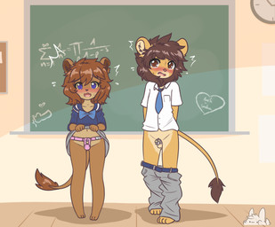 5_fingers accessory anthro balls belt biped blue_belt blue_bow_tie blue_clothing blue_eyes blue_necktie blue_shirt blue_topwear blush bottomless bottomwear bottomwear_down bow_tie brown_body brown_eyes brown_fur brown_hair brown_mane brown_tail chalkboard chastity_belt chastity_cage chastity_device classroom clock clothed clothing clothing_lift countershading drawing_(object) dress dress_lift duo emanata embarrassed female fingers front_view fur genitals glistening glistening_hair grey_bottomwear grey_clothing grey_pants hair heart_symbol information_board inside loli male mane math multicolored_body multicolored_fur mutual_chastity necktie open_mouth orange_body orange_fur orange_tail pants pants_down partially_clothed penis phallic_chastity_device pink_nose presenting presenting_chastity_belt presenting_chastity_cage purple_eyes purple_nose school shirt shota standing tail tail_tuft tan_body tan_fur topwear tuft two_tone_body two_tone_fur upskirt white_dress_shirt yonic_chastity_device young young_anthro bunnybits conditional_dnp danielle_grant milo_grant felid lion mammal pantherine 2019 digital_media_(artwork) hi_res watermark