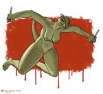 angry anthro areola belly big_breasts blood bodily_fluids breasts dagger dual_wielding feet female fingers genitals green_body holding_object holding_weapon horn lunging melee_weapon midair navel nipples non-mammal_breasts non-mammal_nipples nude outline pussy scales sharp_teeth simple_background solo teeth thick_thighs weapon yellow_eyes cayugo bethesda_game_studios microsoft skyrim the_elder_scrolls deeja argonian scalie 2022 absurd_res digital_media_(artwork) hi_res shaded