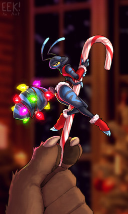 6_limbs ambiguous_gender antennae_(anatomy) anthro arthropod_abdomen bedroom_eyes candy candy_cane christmas_clothing christmas_decorations christmas_lights clothing dessert food holidays looking_at_viewer mandibles micro narrowed_eyes seductive solo stripper_clothes eekanant christmas eek_(eekanant) ant arthropod hymenopteran insect 2025 digital_media_(artwork) hi_res