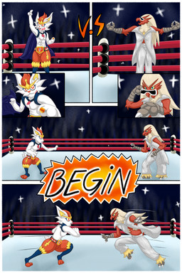 accessory anthro blue_body blue_eyes blue_fur champion_belt claws clothing confrontation duo feet fight fighting_ring fur jewelry male male/male mega_stone necklace paws red_body red_eyes red_fur scar talons toes versus white_body white_fur wrestling_belt yellow_body yellow_fur yellow_sclera freetao nintendo pokemon blaziken cinderace generation_3_pokemon generation_8_pokemon pokemon_(species) absurd_res comic hi_res
