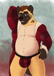 anthro bathrobe belly bottomwear bulge clothed clothing fur hair jockstrap looking_at_viewer male overweight overweight_male red_bathrobe red_clothing red_robe robe simple_background smile solo underwear witek_(artist) witek hyena mammal spotted_hyena digital_media_(artwork) hi_res