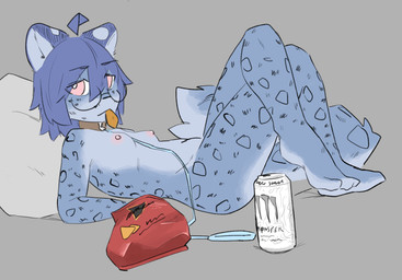 ahoge anthro beverage breasts casual_nudity chips_(food) collar collar_only crossed_legs eyewear female food food_in_mouth glasses hair kemono leash leopard_spots looking_at_viewer lying nipples nude nude_anthro on_back pillow pupils round_glasses simple_background small_breasts solo spots tail tail_tuft tuft white_pupils snepause doritos frito-lay monster_energy shen_(snepause) felid mammal pantherine snow_leopard trans_(lore) trans_woman_(lore)