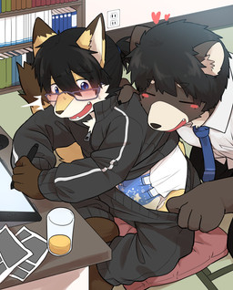 anthro beverage black_hair blush bodily_fluids bookshelf clothed clothing clothing_pull computer_mouse container cup desk diaper drawing_tablet duo electric_outlet eyes_closed fully_clothed furniture genital_fluids glass glass_container glass_cup hair heart_symbol high-angle_view inner_ear_fluff inside male male/male necktie open_mouth outlet paper sitting table tail tuft unclean_diaper urine used_diaper wet_diaper zipper satsuki_rabbit bear canid canine canis mammal wolf absurd_res hi_res