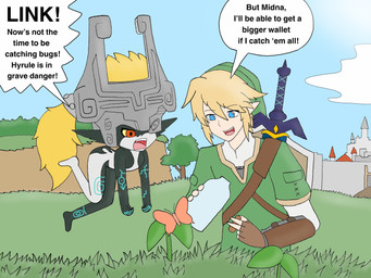 bottle clothing cloud container day dialogue duo female fused_shadow headgear holding_object humanoid_pointy_ears hylian_shield male markings master_sword melee_weapon outside pointy_ears shield speech_bubble sword text weapon roguecolonel303 nintendo the_legend_of_zelda twilight_princess link midna elf humanoid hylian imp twili english_text hi_res