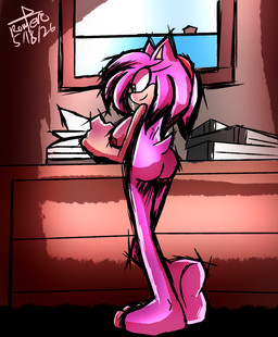 accessory alternate_form anthro anthrofied biped black_nose book breasts butt eyelashes feet female female_anthro furniture green_eyes hair_accessory hairband long_eyelashes nude nude_anthro nude_female pink_body pink_quills quill_hair reading reading_book red_hairband redesign solo table tan_body tan_skin window flamingcores123 sega sonic_the_hedgehog_(series) amy_rose eulipotyphlan hedgehog mammal dated hi_res signature