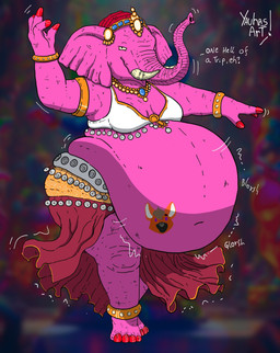 anklet anthro armlet belly big_belly bracelet clothing colored_nails dancing female fingernails gold_(metal) gold_jewelry gold_ring hat headgear headwear huge_belly jewelry motion_lines nails pink_arms pink_body pink_ears pink_legs pink_trunk red_clothing red_fingernails red_hat red_headwear red_nails rumbling_stomach solo talking_to_viewer tattoo text yauhasart elephant elephantid mammal proboscidean 2026 english_text flat_colors hi_res watermark