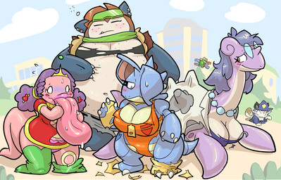 all_fours anthro big_tongue blush breasts busty_feral claws clothing day eyewear female feral glasses group hair hand_on_tongue jewelry looking_down outside police police_uniform round_glasses standing surprised tail tongue tongue_out torn_clothing transformation uniform whiskers zipper wheover nintendo pokemon jackie_applin lienna_arara minepta_podena veeness generation_1_pokemon lapras lickitung magnemite meowth nidoqueen pokemon_(species) snorlax 2026 digital_media_(artwork) hi_res