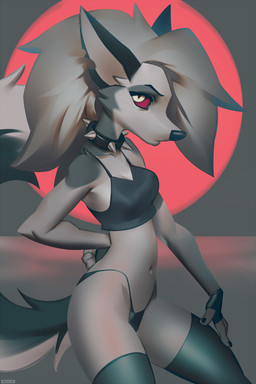 anthro clothed clothing collar female fingerless_gloves fur gloves grey_body grey_fur grey_hair hair handwear looking_at_viewer multicolored_body multicolored_fur red_sclera solo spiked_collar spikes white_body white_eyes white_fur miles_df hellaverse helluva_boss mythology loona_(helluva_boss) canid canid_demon canine demon hellhound mammal mythological_canine mythological_creature 2021