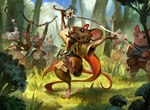 ambiguous_gender anthro barefoot belt biped black_eyes bow_(weapon) broccoli buckteeth button_(fastener) feet food grass group holding_bow_(weapon) holding_melee_weapon holding_object holding_ranged_weapon holding_staff holding_sword holding_weapon leaf melee_weapon open_mouth plant ranged_weapon smile staff standing sword teeth vegetable weapon whiskers white_whiskers john_thacker hasbro magic:_the_gathering wizards_of_the_coast mammal mouse murid murine rodent 2024 hi_res official_art