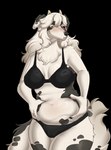 anthro black_bra black_clothing black_underwear blush bra claws clothed clothing female fur hair hand_on_belly horn long_hair looking_at_belly markings nails navel neck_tuft simple_background slightly_chubby solo spots spotted_body spotted_fur text transparent_background tuft underwear worried yellow_eyes nakkies oxana_(cowface) borzoi bovid bovine canid canine canis cattle domestic_dog hunting_dog hybrid mammal sighthound absurd_res alpha_channel hi_res