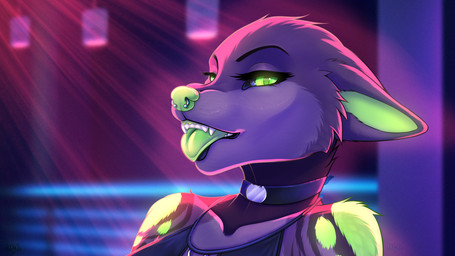 anthro bioluminescence collar female glowing markings piercing rave solo tongue wyla narcissa_(aerased) canid canine mammal 16:9 hi_res widescreen