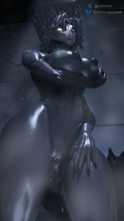 anthro athletic athletic_anthro athletic_female big_breasts big_nipples black_body black_fur black_hair black_nails black_nipples breasts breath colored_nails female fur genitals glowing glowing_eyes hair holding_breast inner_ear_fluff long_nails long_tail looking_at_viewer low-angle_view nails navel nipples nude nude_anthro nude_female presenting shower smile smiling_at_viewer solo steam tail thick_thighs tuft vulva wet wet_body wet_fur wet_hair wide_hips samtrix da.nilkaz_(modeler) scp_foundation scp-1471-a scp-1471-a_(da.nilkaz) canid canine canis malo mammal wolf 3d_(artwork) 4k 9:16 absurd_res digital_media_(artwork) hi_res