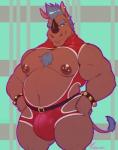 anthro bell blue_hair brown_body bulge chest_tuft clothing hair hands_on_hips horn jingle_bell looking_at_viewer male musclegut muscular muscular_anthro muscular_male navel nipple_piercing nipples pecs piercing smile solo standing tight_clothing tuft marlon.cores mordechai mammal rhinoceros hi_res