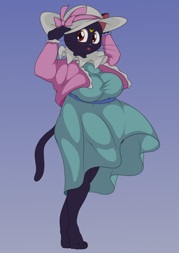 anthro blush breeze clothing dress female hat headgear headwear looking_at_viewer smile solo summer_dress summer_hat wind eugenemcgreen sailor_moon_(series) luna_(sailor_moon) domestic_cat felid feline felis mammal absurd_res hi_res