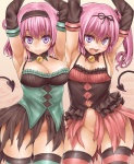 armwear blush breast_size_difference breasts cleavage clothed clothing convenient_censorship duo elbow_gloves fangs female footwear gloves hair handwear legwear no_underwear not_furry open_mouth pink_hair purple_eyes small_breasts smile socks spade_tail tail teeth thigh_highs thigh_socks wide_hips kbtr to_love-ru momo_deviluke nana_deviluke demon humanoid 2009 censored digital_media_(artwork) hi_res portrait three-quarter_portrait sibling_(lore) sister_(lore) sisters_(lore)