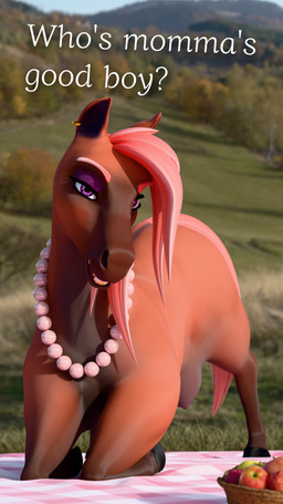 bedding bedroom_eyes big_teats blanket crotch_breasts dialogue ear_piercing ear_ring female female_feral feral fur gem good_boy hair hooves jewelry makeup mature_female mommy_kink narrowed_eyes necklace orange_body orange_fur outside pearl_(gem) pearl_necklace picnic piercing pink_hair purple_eyes quadruped ring_piercing seductive solo teats text unguligrade whorse_3d equid equine horse mammal 4k 9:16 absurd_res english_text hi_res