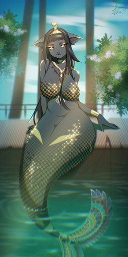 anthro black_body black_fur black_hair black_lipstick bodypaint cloud colored_nails crown eyeliner female fur hair headgear lipstick long_hair looking_away makeup malaka_(alakarnova) mature_anthro mature_female mermaidification multicolored_tail nails partially_submerged plant scales shrub smile smirk solo split_form tail tree wide_hips yellow_body yellow_eyeliner yellow_eyes yellow_nails yellow_scales neon-chan mythology domestic_cat felid feline felis hybrid mammal marine merfolk mythological_creature mythological_marine absurd_res hi_res