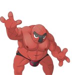 3_fingers biped black_eyes black_nose bottomwear briefs clothed clothing eyebrows fingers front_view generation_5_pokemon hi_res humanoid male musclegut muscular nintendo nipples not_furry ofstrial overweight overweight_male pecs pokemon pokemon_(species) red_body red_skin solo throh underwear unibrow