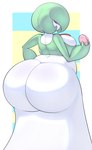 belly big_belly big_breasts big_butt breasts butt female food green_body holding_food holding_object huge_butt looking_at_viewer looking_back not_furry poffin rear_view red_eyes simple_background slightly_chubby slightly_chubby_female smug solo white_body princecoffeecakes nintendo pokemon gardevoir generation_3_pokemon humanoid pokemon_(species) 2023 absurd_res hi_res shaded