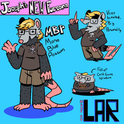 anthro black_body black_fur blonde_hair blue_background bodily_fluids bottomwear claws clothed clothing eyewear fangs fur gesture glasses grey_body grey_fur hair hand_gesture male overweight overweight_male pointing rectangular_glasses shirt shorts simple_background sitting smile solo tail tears teeth text topwear trading_card waving waving_at_viewer yu-gi-oh_card larhyperhair yu-gi-oh! mbt_yugioh american_opossum mammal marsupial virginia_opossum 1:1 absurd_res english_text hi_res