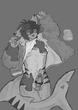 anthro belly big_tail bodily_fluids clothed clothing clothing_lift cum cum_in_sex_toy disembodied_hand ear_markings ejaculation genital_fluids genitals ghost_hand hair heart_on_tail holding_hips holding_wrist jacket male markings multicolored_hair narrowed_eyes nipples open_mouth pawpads penetrable_sex_toy penis sex_toy shirt shirt_lift solo_focus striped_markings stripes tail topwear two_tone_hair white_belly vampyreros meikoamagii aquatic fish humanoid shark absurd_res hi_res
