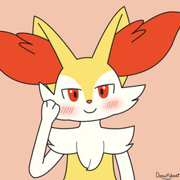 ambiguous_anthro ambiguous_gender anthro blush cheek_tuft facial_tuft front_view fur hand_on_cheek inner_ear_fluff looking_at_viewer multicolored_body multicolored_fur orange_background paws red_body red_eyes red_fur red_inner_ear_fluff simple_background smile solo tuft white_body white_fur yellow_body yellow_ears yellow_fur donutyoshi nintendo pokemon braixen canid canine generation_6_pokemon mammal pokemon_(species) 1:1 digital_media_(artwork) signature