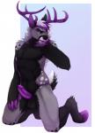 anthro antlers balls biped erection fangs genitals horn kneeling looking_at_viewer male penis simple_background smile solo teeth tongue tongue_out shade_okami hunter_(redfeatherstorm) deer mammal 2015 hi_res