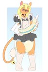 ageplay anthro bell bell_collar blonde_hair blue_eyes bodily_fluids clothed clothing collar crossdressing diaper footwear front_view fur genital_fluids hair holding_diaper infantilism long_hair looking_at_viewer maid_uniform male orange_body orange_fur roleplay sharing_diaper smile socks solo standing touching_diaper unclean_diaper uniform urine used_diaper wearing_diaper wet_diaper white_diaper hardscales felid mammal absurd_res full-length_portrait hi_res portrait