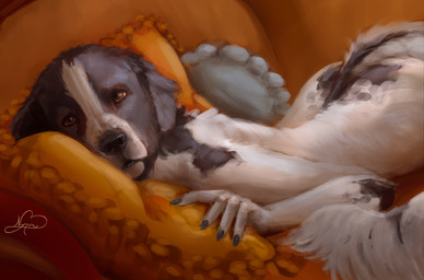 anthro brown_eyes butt delicate detailed_background female furniture looking_away lying lying_on_sofa nude on_front on_sofa realistic resting sofa solo nyrox_(artist) canid canine canis domestic_dog landseer mammal molosser mountain_dog newfoundland_dog
