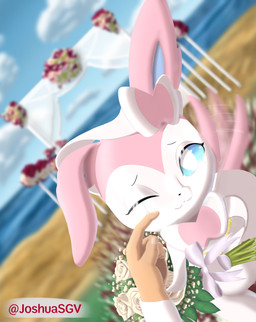 beach bestiality_marriage blue_eyes blurred_background bodily_fluids bouquet bow_ribbon bride detailed_background duo female feral flower flower_bouquet hand_holding hand_on_face happy love offscreen_character outside plant ribbons romantic romantic_couple sea sky tail tail_motion tailwag tears water wedding white_body wiping_tears joshuas nintendo pokemon cora_(joshuas) eeveelution generation_6_pokemon human mammal pokemon_(species) sylveon 2026 absurd_res digital_drawing_(artwork) digital_media_(artwork) hi_res