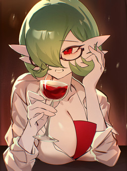 alcohol beverage breast_rest breasts clothing container cup drinking_glass eyewear female glass glass_container glass_cup glasses green_hair hair shirt smile smiling_at_viewer solo topwear wine wine_glass chunniwa nintendo pokemon gardevoir generation_3_pokemon humanoid pokemon_(species) absurd_res hi_res