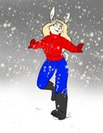 anthro blonde_hair boots chakona_space clothed clothing female footwear foxenawolf fur grey_body grey_fur hair lagomorph leporid madeline_cottonfield mammal outside rabbit scut_tail shoes short_tail snow solo tail