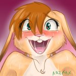 anthro blush bodily_fluids brown_hair buckteeth female fur green_eyes hair heart_symbol jewelry laugh mouth_shot necklace open_mouth pink_nose saliva saliva_string solo sweat tan_body tan_fur teal_eyes teeth aralyre ara_caelum_(aralyre) angora_rabbit domestic_rabbit english_lop lagomorph leporid lop_rabbit mammal oryctolagus rabbit 1:1 2020