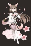 anthro boots brown_hair cherry_blossom clothed clothing femboy flower folding_fan footwear fur garter_straps hair holding_fan long_hair male petals pink_body pink_fur plant prunus_(flower) sheathed_sword shoes simple_background solo white_boots white_clothing white_footwear chuurow lifewonders tokyo_afterschool_summoners tanetomo_(tas) canid canine canis domestic_dog mammal absurd_res hi_res