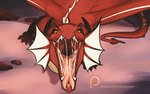 ambiguous_gender black_horn bodily_fluids ear_frill fangs feral forked_tongue frill_(anatomy) frill_ridge horn looking_at_viewer membrane_(anatomy) membranous_wings mouth_shot multicolored_horn open_mouth patreon_logo pink_tongue pupils red_body red_horn red_scales red_wings rock saliva saliva_string scales slit_pupils solo spade_tail tail teeth text tongue two_tone_horn white_frill wings yellow_eyes kardinaluz mythology patreon dragon mythological_creature mythological_scalie scalie 16:10 url widescreen