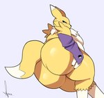 absurd_res anthro bandai_namco belly big_butt breasts butt digimon digimon_(species) digital_media_(artwork) female hi_res overweight overweight_anthro overweight_female renamon samirachuni simple_background solo tail thick_thighs yellow_body