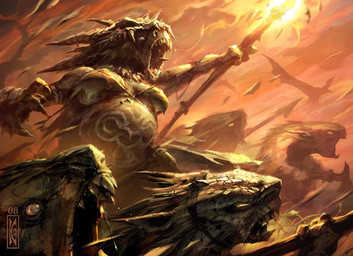 axe bodypaint breasts fangs female group male melee_weapon screaming teeth torch tribal war_paint weapon raymond_swanland hasbro magic:_the_gathering wizards_of_the_coast goblin humanoid 2008 official_art