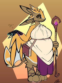 3_fingers 4_ears anthro belly big_breasts black_sclera book breasts clothed clothing crystal dress fingers footwear fur gynomorph heart_symbol holding_object holding_staff intersex long_tail magic magic_user markings multi_ear overweight overweight_gynomorph overweight_intersex sandals shoes smile smiling_at_viewer staff tail tan_body tan_fur thick_thighs winged_arms wings yellow_body yellow_eyes yellow_fur conditional_dnp lodi_(artist) avali avian 3:4 absurd_res hi_res busty_boy_(lore)