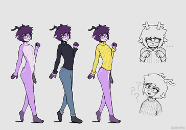 anthro antlers black_antlers bottomless bottomwear clothed clothing denim denim_bottomwear denim_clothing ellipsis eyewear femboy flaccid footwear fur genitals glasses hair horn index_to_index jeans looking_at_viewer male nude pants penis purple_body purple_fur purple_hair question_mark shoes short_hair solo standing sweater topwear turtleneck white_body white_fur osokamu deer mammal 2025 digital_drawing_(artwork) digital_media_(artwork) hi_res model_sheet