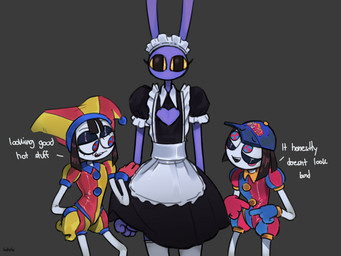 anthro baseball_cap black_clothing black_dress blue_clothing blue_eyes brown_hair cleavage_cutout clothed clothing crossdressing cutout dialogue dress eyelashes female femboy fool's_hat grey_background group hair hat headgear headwear heart_cutout jester_outfit legwear maid_headdress maid_uniform male multicolored_clothing multicolored_eyes purple_body red_clothing red_eyes simple_background stockings text thigh_highs trio two_tone_clothing two_tone_eyes uniform white_body white_clothing white_legwear white_skin white_stockings yellow_clothing yellow_sclera kaiartis glitch_productions the_amazing_digital_circus evil_pomni_(tadc) jax_(tadc) pomni_(tadc) humanoid lagomorph leporid mammal rabbit 2025 english_text hi_res