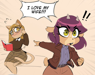 anthro belt big_breasts blonde_hair blush bodily_fluids bottomwear breasts brown_body clothed clothing dialogue digit_ring duo exclamation_point eyebrows eyewear female female/female fur gesture glasses hair hand_gesture horn jacket jewelry long_hair married_couple open_mouth pattern_clothing plaid plaid_clothing pointing pointing_at_another purple_hair ring simple_background skirt smile sweat tail tail_motion tailwag text topwear wedding_ring whiskers wife_and_wife yelling nelljoestar on_your_tail diana_caproni_(on_your_tail) peina_(on_your_tail) bovid caprine domestic_cat felid feline felis goat mammal 2026 digital_media_(artwork) english_text hi_res