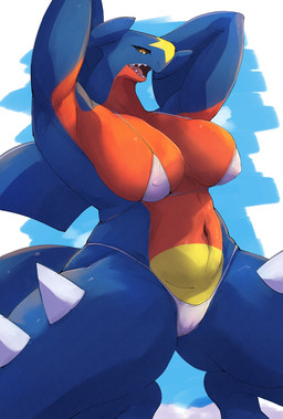anthro big_breasts bikini black_sclera blue_body blue_scales breasts camel_toe clothing crouching curvy_figure dorsal_fin female fin hands_behind_head kemono micro_bikini nipple_outline nipples non-mammal_breasts non-mammal_nipples pupils red_body red_scales scales sharp_teeth slit_pupils solo spikes spread_legs spreading swimwear tail teeth thick_thighs thigh_spikes two-piece_swimsuit yellow_eyes plache6 mythology nintendo pokemon dragon garchomp generation_4_pokemon mythological_creature mythological_scalie pokemon_(species) scalie hi_res