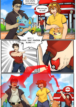 ambiguous_gender clothing day detailed_background dialogue eyewear feral forced forced_transformation group headpat jacket male open_mouth outside pokeball pokemon_center red_clothing red_shirt red_topwear shirt standard_pokeball sunglasses tail text topwear transformation dimitriahn nintendo pokemon deiser jaki-kun_(character) generation_4_pokemon human mammal pokemon_(species) shinx 2025 absurd_res comic digital_media_(artwork) english_text hi_res