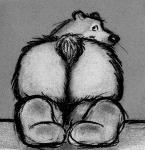ambiguous_gender anthro bd bear butt butt_focus clothing crayon_(artwork) dirty_socks footwear fur greyscale legwear looking_at_viewer mammal monochrome presenting presenting_hindquarters rear_view simple_background slightly_chubby smile socks solo traditional_media_(artwork)