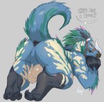 anthro anus backsack balls beak big_balls big_butt blue_body blue_fur bridle butt claws fur genitals horn horn_jewelry jewelry looking_at_viewer looking_back looking_back_at_viewer male perineum presenting presenting_hindquarters raised_tail reins simple_background smile solo tail tail_anus thick_tail thick_thighs toe_claws negy capcom monster_hunter seikret hi_res