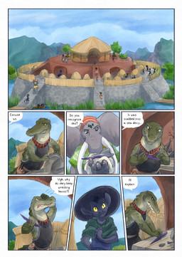 5_fingers annoyed anthro black_body black_fur clothed clothing dark_body day dialogue dialogue_box fingers fur grass green_body grey_body hat headgear headwear open_mouth plant proboscis_(anatomy) speech_bubble tail text trunk_(anatomy) village water bjekkergauken mythology imbali_(bjekkergauken) isilo_(bjekkergauken) crocodilian elephant elephantid mammal proboscidean reptile scalie unknown_species 2026 colored comic english_text hi_res